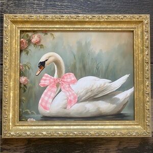 Elegant Vintage swan and bow oil painted print VTG gold framed 10x12